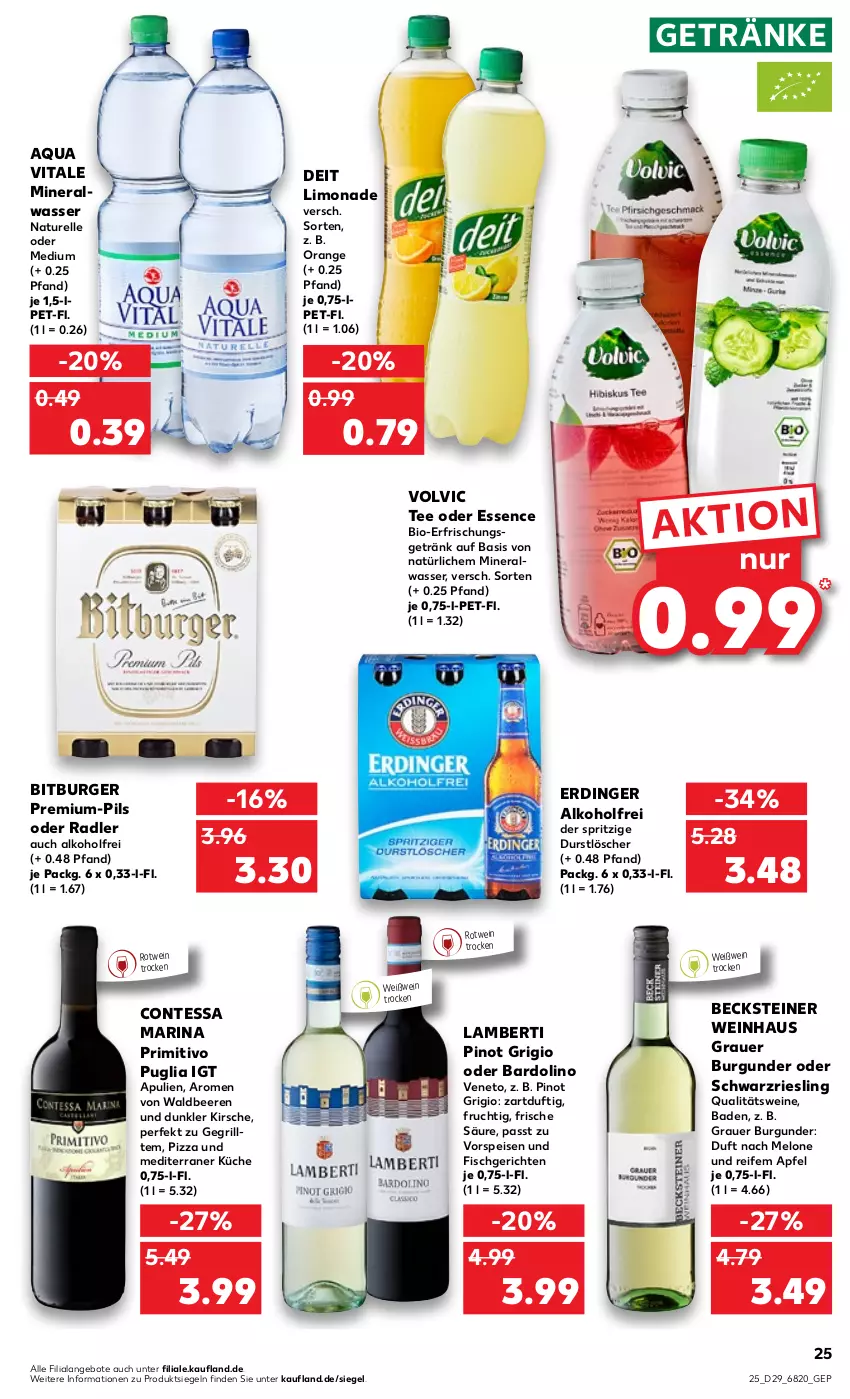 Aktueller Prospekt Kaufland - von 21.07 bis 27.07.2022 - strona 25 - produkty: alkohol, Alwa, Amber, angebot, angebote, apfel, aqua, auer, Bad, becks, becksteiner, beere, beeren, bio, bitburger, burger, burgunder, deit, durstlöscher, eis, elle, erdinger, erfrischungsgetränk, fisch, frucht, getränk, getränke, grauer burgunder, grill, kirsch, kirsche, küche, limo, limonade, melone, mineralwasser, natur, oder radler, orange, pils, Pinot, pinot grigio, pizza, primitivo, qualitätswein, qualitätsweine, radler, rel, riesling, rotwein, schwarzriesling, steiner, tee, Ti, vita, volvic, vorspeise, wasser, wein, weine, Weißwein