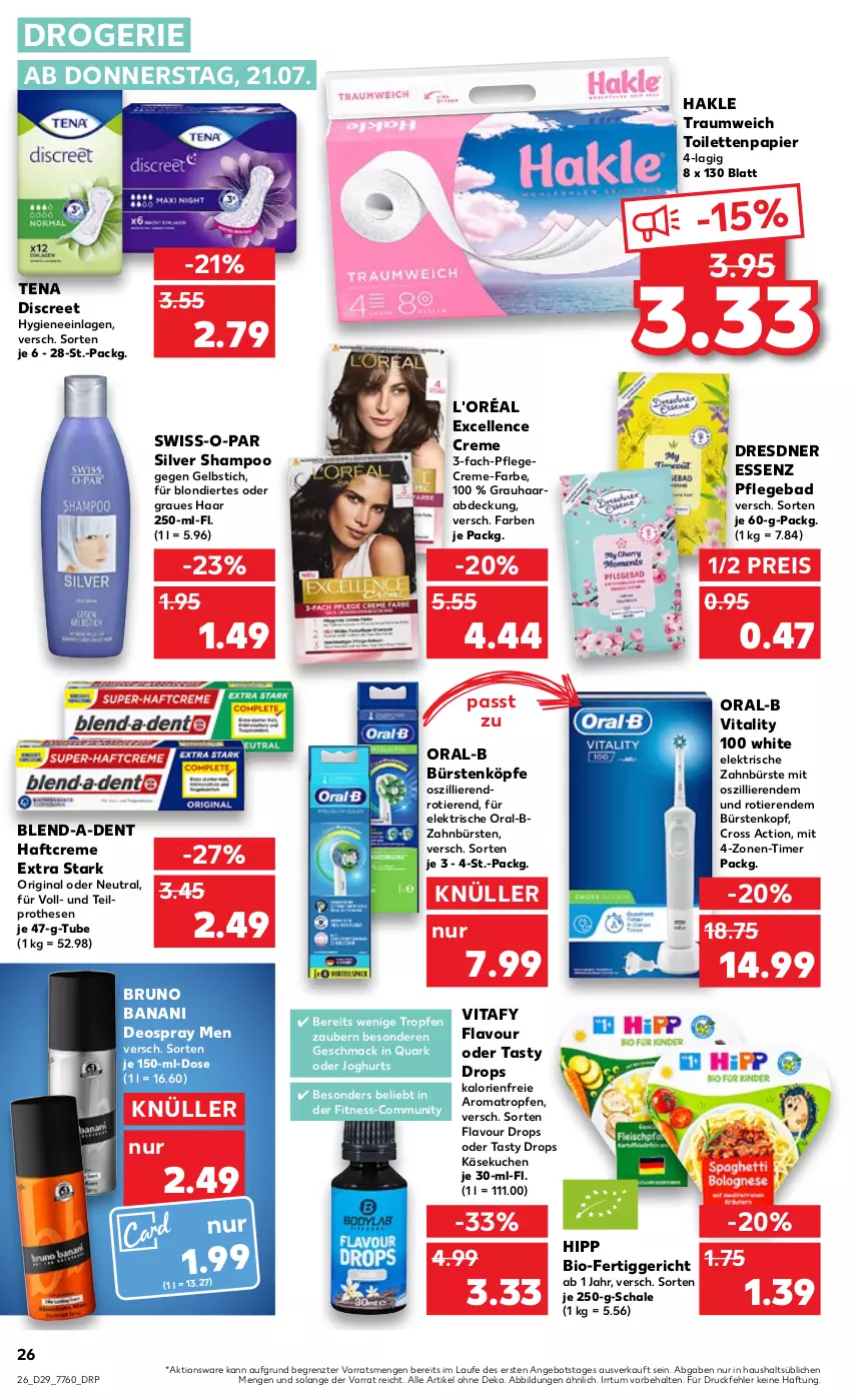 Aktueller Prospekt Kaufland - von 21.07 bis 27.07.2022 - strona 26 - produkty: angebot, Bad, bio, bruno banani, bürste, bürsten, creme, cross action, deo, deospray, Discreet, eis, elektrische zahnbürste, elle, fertiggericht, gin, Haftcreme, hakle, hipp, joghur, joghurt, Käse, käsekuchen, kuchen, mac, oral-b, papier, Pflegecreme, quark, reis, Schal, Schale, shampoo, Swiss-o-Par, Ti, Tiere, timer, toilettenpapier, vita, vitality, zahnbürste, zahnbürsten, ZTE