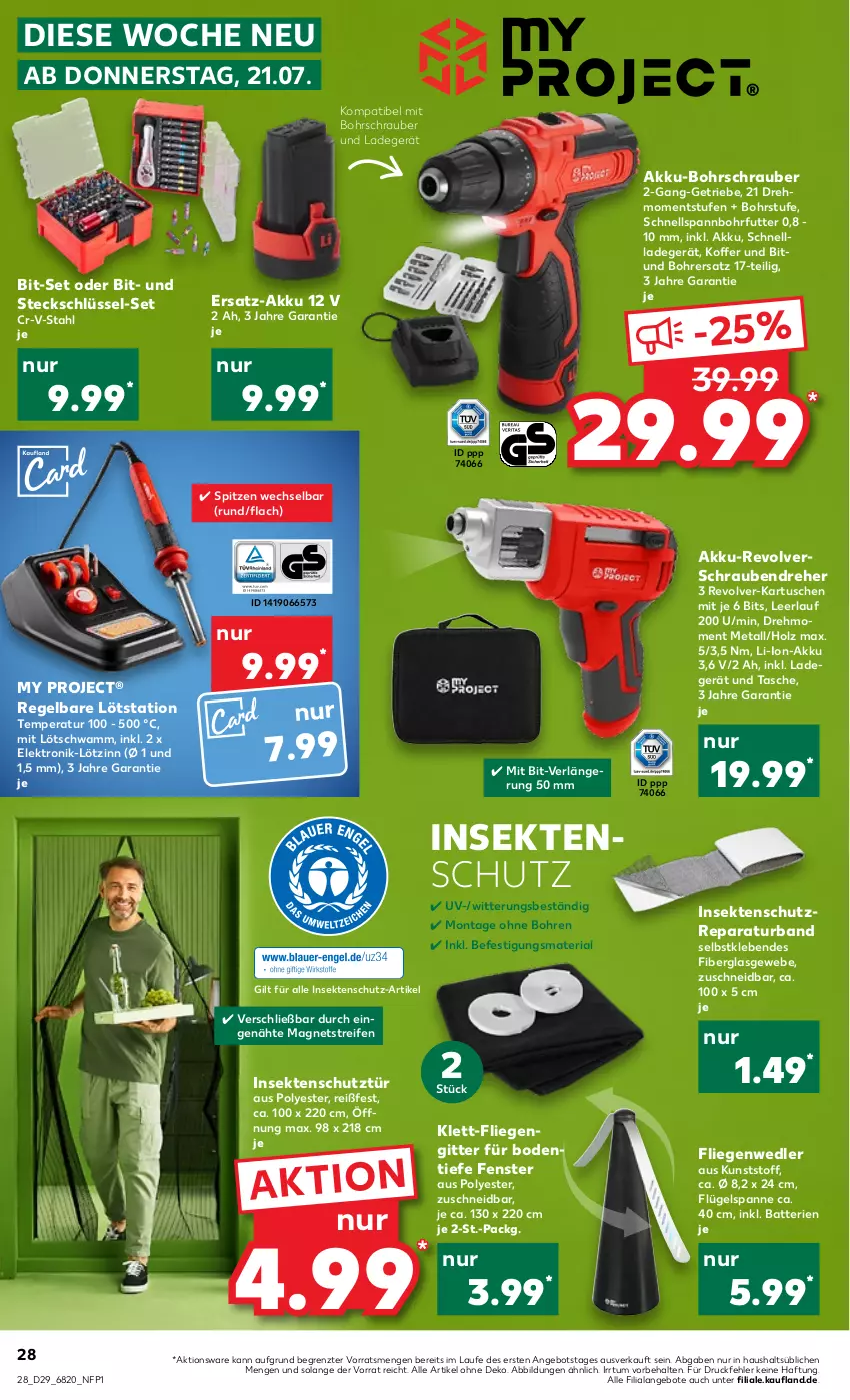 Aktueller Prospekt Kaufland - von 21.07 bis 27.07.2022 - strona 28 - produkty: akku, akku-bohrschrauber, angebot, angebote, batterie, batterien, Bohrschrauber, Elektro, fenster, fliegengitter, Holz, insektenschutz, koffer, ladegerät, li-ion-akku, Liege, Magnets, reifen, Ria, schnellladegerät, schrauben, Schraubendreher, schwamm, sekt, Tasche, Ti, ZTE