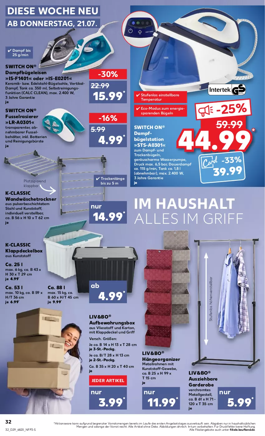 Aktueller Prospekt Kaufland - von 21.07 bis 27.07.2022 - strona 32 - produkty: angebot, angebote, auer, aufbewahrungsbox, batterie, batterien, Behälter, bügel, Bügeleisen, Bügelstation, bürste, dampfbügeleisen, dampfbügelstation, decke, Deckel, edelstahl, eis, ente, Garderobe, LG, rasierer, Reinigung, reinigungsbürste, Ti, Trockner, wäschetrockner, wasser, ZTE