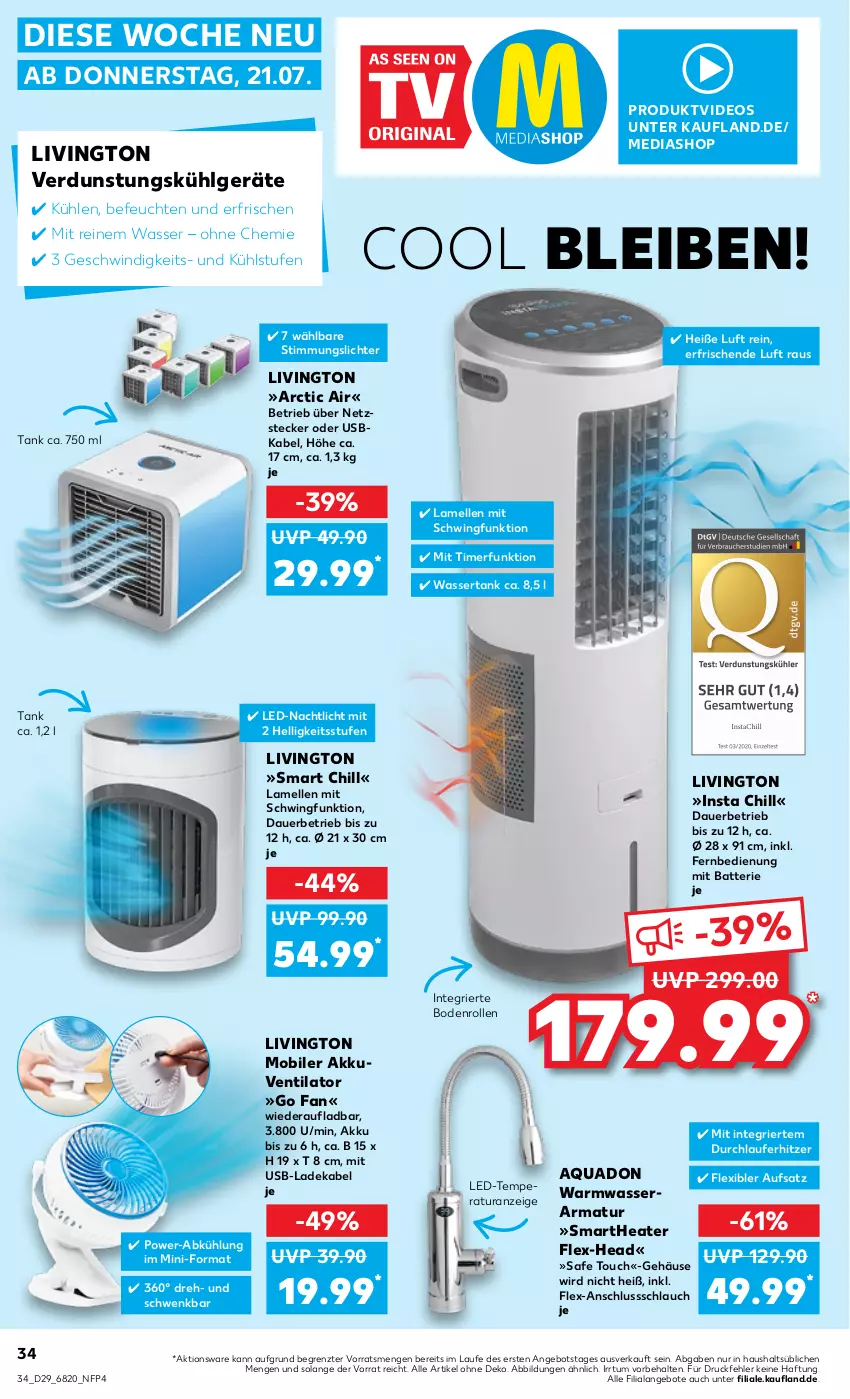 Aktueller Prospekt Kaufland - von 21.07 bis 27.07.2022 - strona 34 - produkty: akku, angebot, angebote, aqua, arctic air, armatur, auer, batterie, deka, deo, elle, fernbedienung, kühlgerät, ladekabel, LG, mediashop, Nachtlicht, quad, schlauch, Thea, Ti, timer, usb, ventilator, wasser, wassertank, ZTE