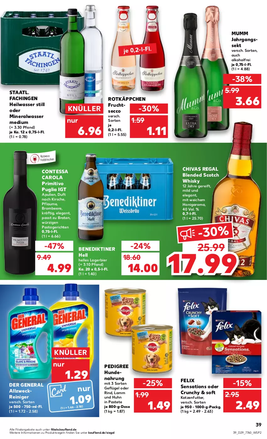 Aktueller Prospekt Kaufland - von 21.07 bis 27.07.2022 - strona 39 - produkty: alkohol, allzweckreiniger, Alwa, angebot, angebote, beere, Benediktiner, bier, blended scotch, blended scotch whisky, braten, brombeere, ecco, elle, felix, frucht, fruchtsecco, Geflügel, honig, hundenahrung, jahrgangssekt, katzenfutter, kirsch, kirsche, Lagerbier, lamm, mineralwasser, Mineralwasser Medium, mumm, pasta, Pastagericht, pastete, pedigree, pflaume, primitivo, regal, reiniger, rind, rotkäppchen, rotwein, scotch, scotch whisky, sekt, sensations, Staatl. Fachingen, Ti, wasser, weck, wein, whisky