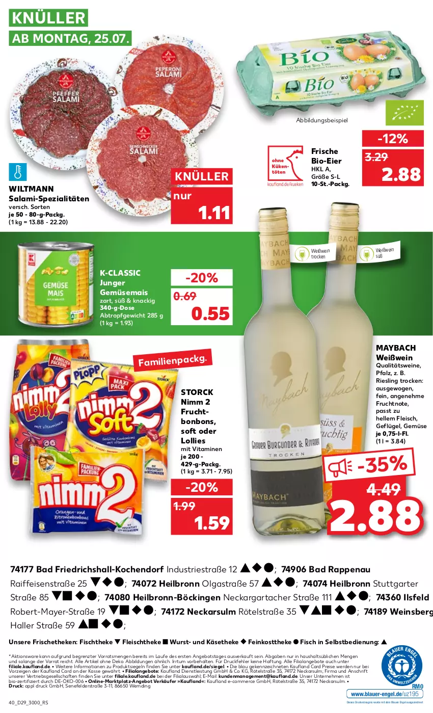 Aktueller Prospekt Kaufland - von 21.07 bis 27.07.2022 - strona 40 - produkty: angebot, angebote, Astra, Bad, bio, bonbons, drucker, eier, eis, elle, Engel, erde, feinkost, feinkosttheke, fisch, fischtheke, fleisch, frucht, Geflügel, gemüsemais, Käse, käsetheke, kerze, LG, mais, maybach, Nimm 2, qualitätswein, qualitätsweine, reis, riesling, salami, Spezi, storck, Ti, vita, Vitamine, wein, weine, Weißwein, wiltmann, wurst, ZTE