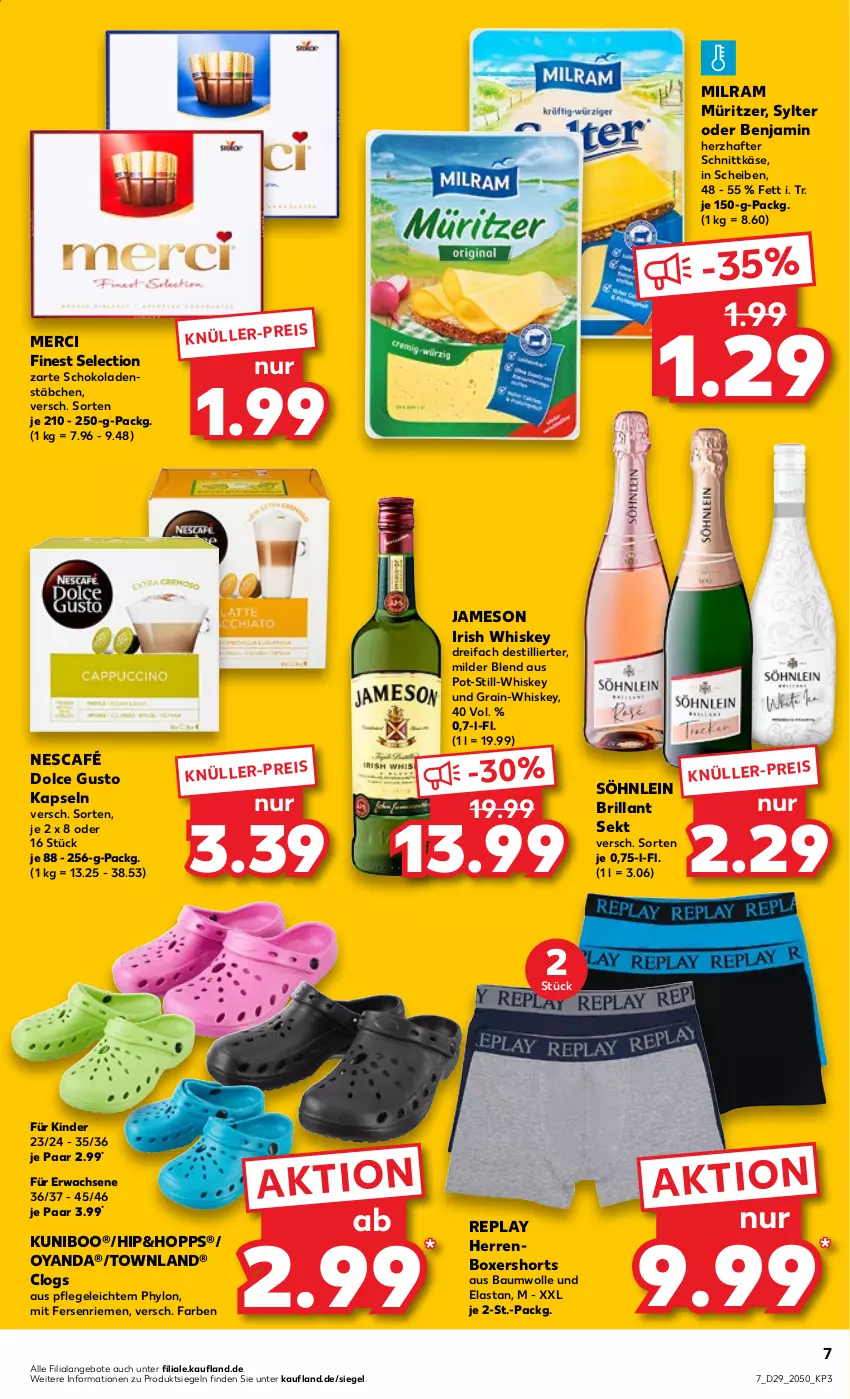 Aktueller Prospekt Kaufland - von 21.07 bis 27.07.2022 - strona 7 - produkty: angebot, angebote, Bau, baumwolle, brillant sekt, Clogs, dolce gusto, eis, Hylo, irish whiskey, jameson, Käse, Kinder, merci, milram, Nescafé, schnittkäse, schoko, schokolade, schokoladen, sekt, shorts, söhnlein, söhnlein brillant, Sylter, Ti, whiskey, wolle