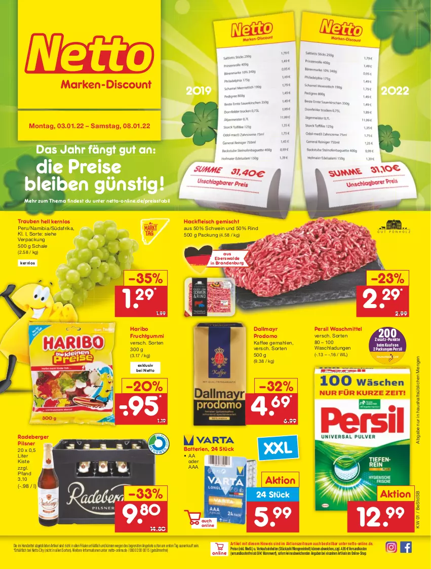 Aktueller Prospekt Netto Marken-Discount - Filial Angebote - von 03.01 bis 08.01.2022 - strona 1 - produkty: angebot, batterie, batterien, Berger, dallmayr, dallmayr prodomo, eis, fleisch, frucht, fruchtgummi, hackfleisch, hackfleisch gemischt, haribo, kaffee, ndk, persil, persil waschmittel, pils, pilsner, prodomo, radeberger, radeberger pilsner, reis, reiss, rind, Schal, Schale, schwein, Ti, trauben, usb, versandkostenfrei, waschmittel, wein, ZTE