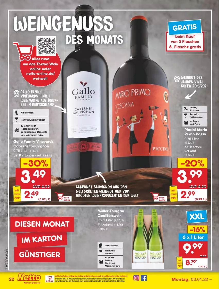 Aktueller Prospekt Netto Marken-Discount - Filial Angebote - von 03.01 bis 08.01.2022 - strona 22 - produkty: braten, cabernet, cabernet sauvignon, cin, dessert, desserts, eis, ente, fisch, Fisch und Meeresfrüchte, flasche, fleisch, früchte, gallo, gallo family, grill, Käse, meeresfrüchte, Müller, Müller-Thurgau, ndk, nuss, pasta, Pastagericht, pizza, qualitätswein, reis, rotwein, sauvignon, schoko, schokolade, schokoladen, Tapas, Ti, tuc, usb, versandkostenfrei, wein, Weißwein, wurst