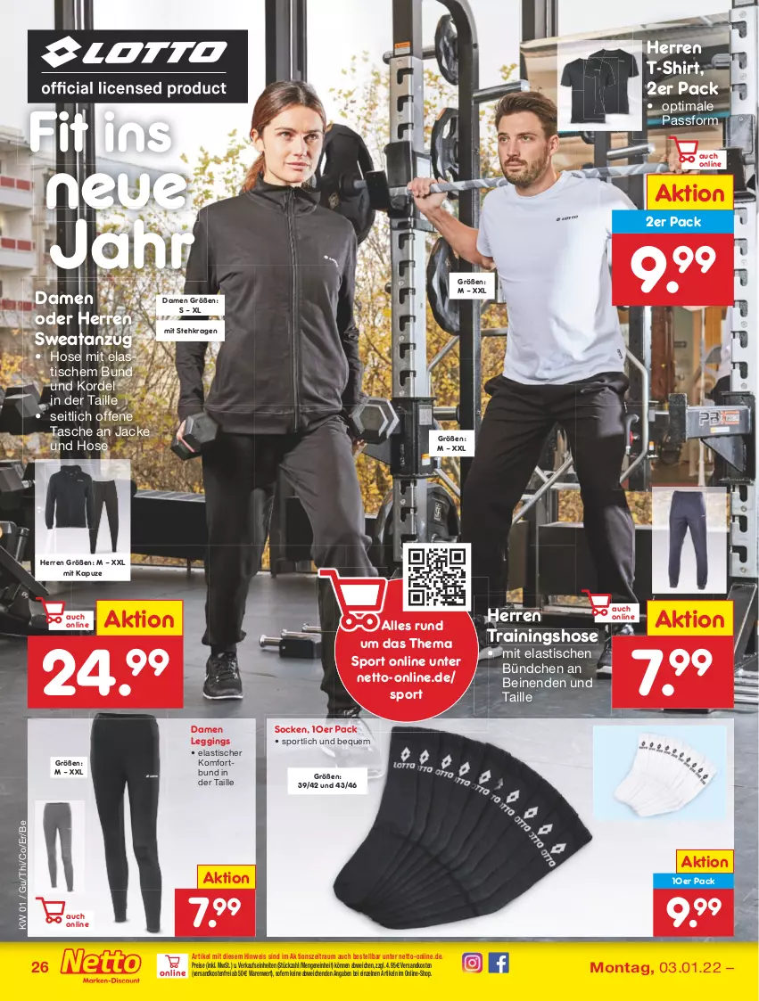 Aktueller Prospekt Netto Marken-Discount - Filial Angebote - von 03.01 bis 08.01.2022 - strona 26 - produkty: Anzug, asti, eis, gin, hose, Jacke, leggings, ndk, reis, shirt, socken, Sport, T-Shirt, Tasche, Ti, tisch, Trainingshose, usb, versandkostenfrei