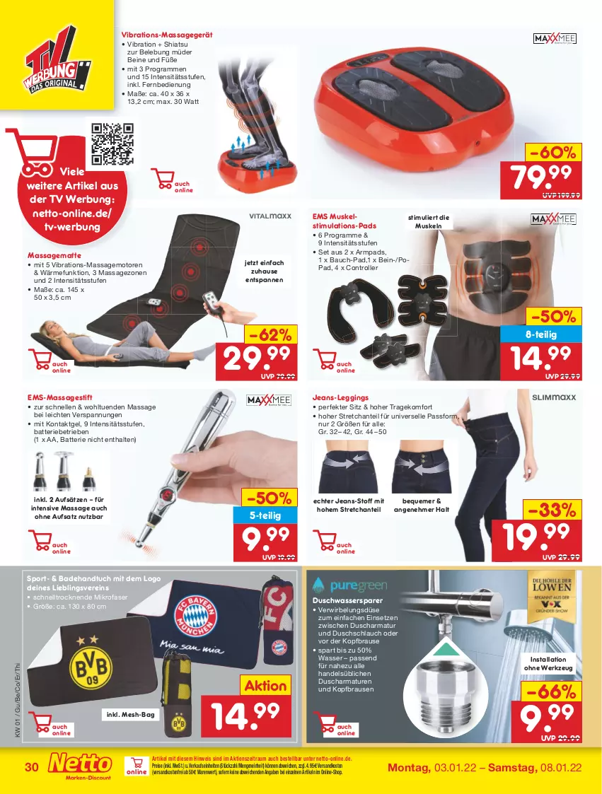 Aktueller Prospekt Netto Marken-Discount - Filial Angebote - von 03.01 bis 08.01.2022 - strona 30 - produkty: armatur, armaturen, Bad, Badehandtuch, batterie, Bau, brause, eis, elle, fernbedienung, gin, handtuch, jeans, leggings, Massagegerät, mikrofaser, ndk, reis, Roller, schlauch, Sport, Ti, tuc, versandkostenfrei, wasser, werkzeug