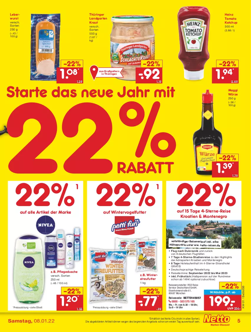 Aktueller Prospekt Netto Marken-Discount - Filial Angebote - von 03.01 bis 08.01.2022 - strona 5 - produkty: angebot, buch, deutschsprachige reiseleitung, dusche, eimer, eis, Garten, heinz, ketchup, Kraut, Laufen, leberwurst, maggi, maggi würze, monte, perlen, pflegedusche, reis, reiseveranstalter, reiseverlauf, Ria, ring, Streufutter, Ti, tomato ketchup, uhr, usb, Vogelfutter, wurst, ZTE