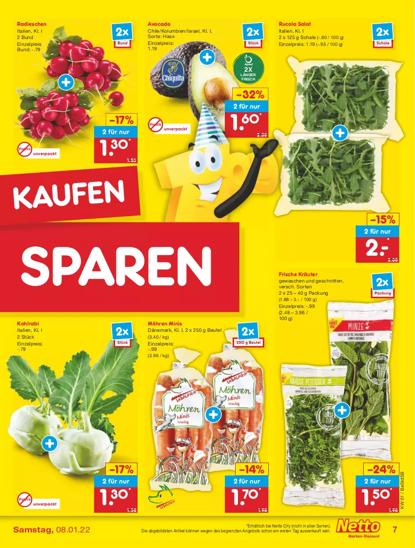 Aktueller Prospekt Netto Marken-Discount - Filial Angebote - von 03.01 bis 08.01.2022 - strona 7 - produkty: angebot, asti, avocado, beutel, cola, eis, kohlrabi, kräuter, möhren, radieschen, reis, rucola, salat, Schal, Schale, schnitten, Ti, ZTE