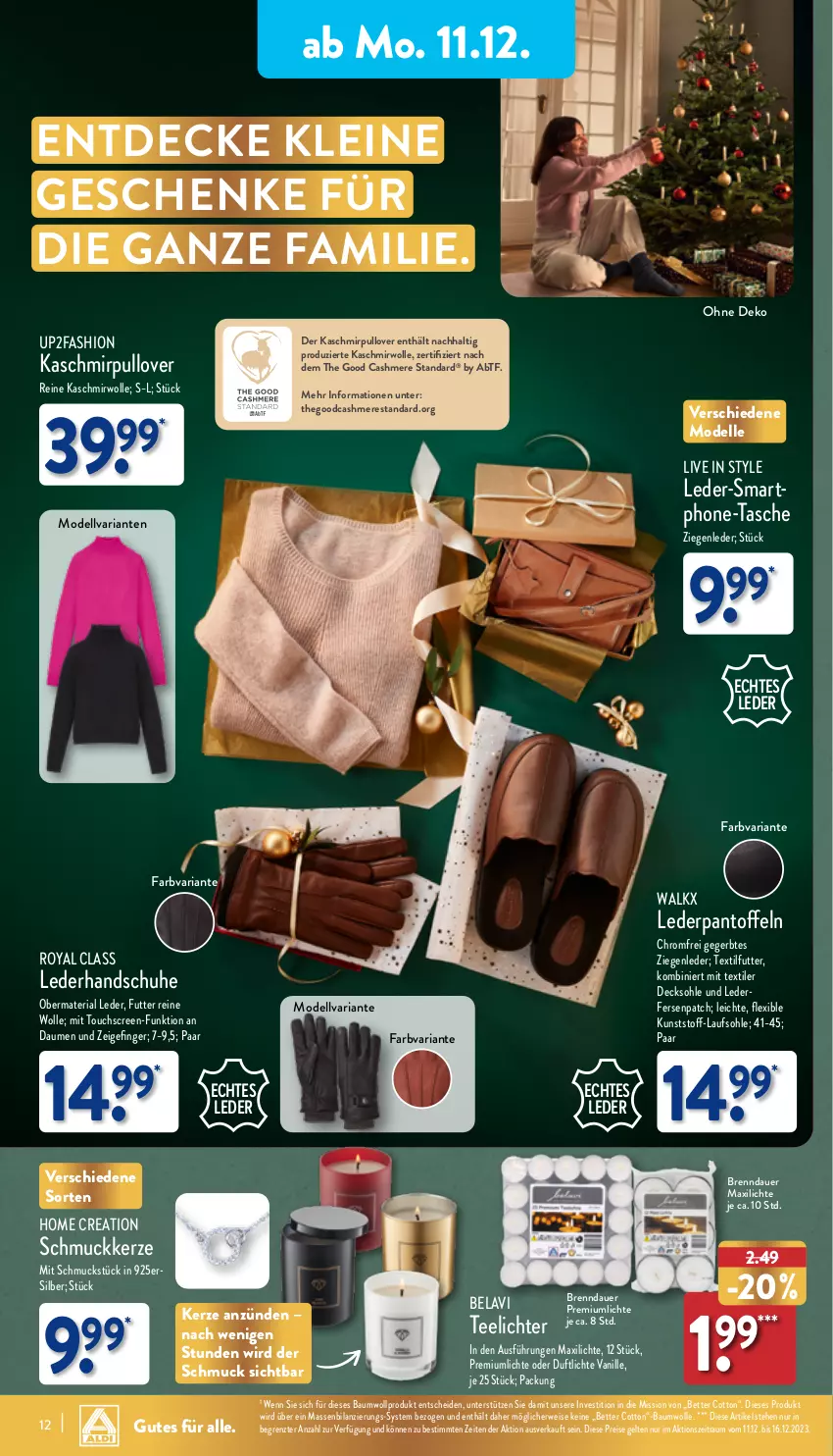 Aktueller Prospekt Aldi Nord - Von Montag - von 11.12 bis 16.12.2023 - strona 12 - produkty: auer, Bau, baumwolle, bett, cashmere, decke, decksohle, dell, eis, elle, handschuhe, kerze, leine, Mode, Pantoffeln, Pullover, reis, Ria, rwe, Schmuck, schuhe, smartphone, Tasche, tee, Teelicht, teelichte, Ti, touchscreen, up2fashion, vanille, walkx, wolle, ZTE