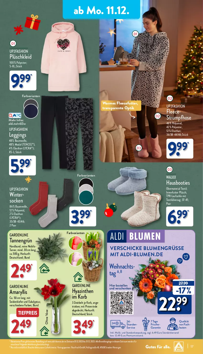 Aktueller Prospekt Aldi Nord - Von Montag - von 11.12 bis 16.12.2023 - strona 17 - produkty: aldi, Bau, baumwolle, blume, blumen, Blüte, Booties, Brei, eis, elle, ente, erde, gin, hero, hose, kleid, korb, leggings, LG, Plüsch, Plüschkleid, reis, Ria, rind, rum, socken, Strumpfhose, Ti, tiefpreis, up2fashion, usb, Vase, walkx, wolle, zwiebel, zwiebeln