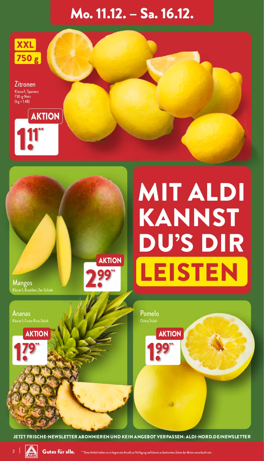 Aktueller Prospekt Aldi Nord - Von Montag - von 11.12 bis 16.12.2023 - strona 2 - produkty: aldi, ananas, angebot, eis, mango, mangos, Pomelo, Schal, Schale, Ti, zitrone, zitronen, ZTE