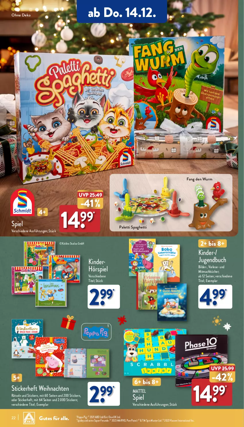 Aktueller Prospekt Aldi Nord - Von Montag - von 11.12 bis 16.12.2023 - strona 22 - produkty: buch, Kinder, mac, Mattel, Paw Patrol, Peppa Pig, spaghetti, Ti, weihnachten