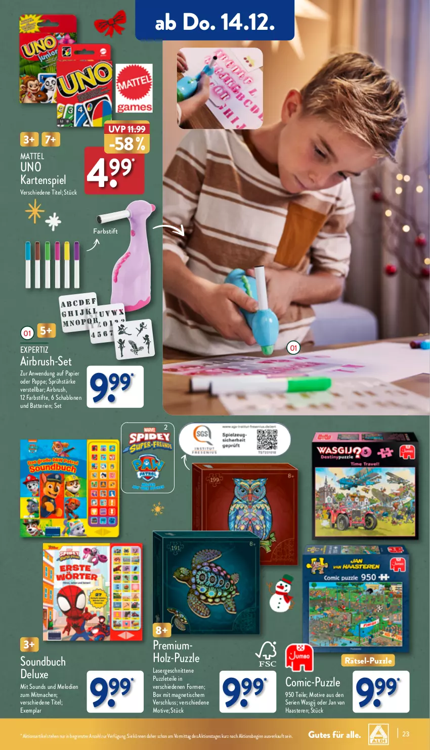 Aktueller Prospekt Aldi Nord - Von Montag - von 11.12 bis 16.12.2023 - strona 23 - produkty: batterie, batterien, buch, expertiz, farbstifte, gin, Holz, Kartenspiel, mac, Mattel, papier, Puzzle, schnitten, Soundbuch, stifte, Ti, tisch, ZTE