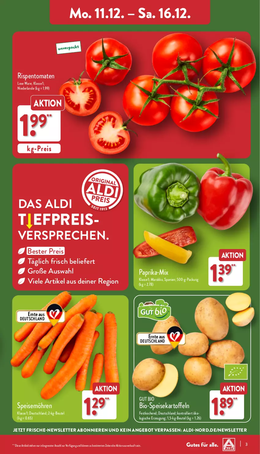 Aktueller Prospekt Aldi Nord - Von Montag - von 11.12 bis 16.12.2023 - strona 3 - produkty: aldi, angebot, beutel, bio, eis, kartoffel, kartoffeln, möhren, paprika, reis, rispentomaten, speisekartoffeln, speisemöhren, Ti, tomate, tomaten, trolli, ZTE