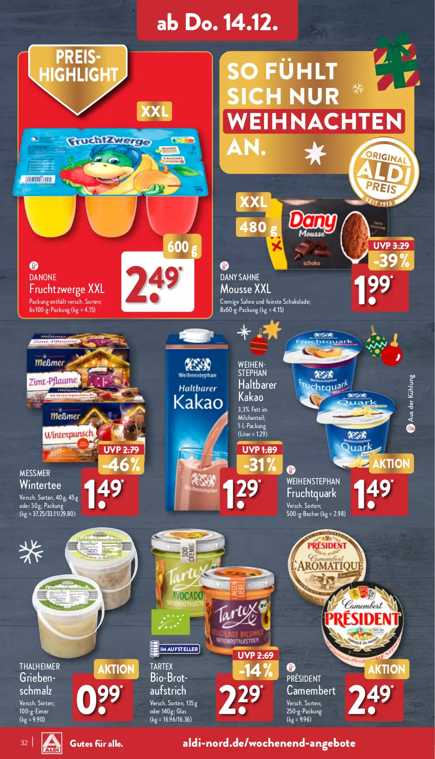 Aktueller Prospekt Aldi Nord - Von Montag - von 11.12 bis 16.12.2023 - strona 32 - produkty: aldi, angebot, angebote, aufstrich, Becher, bio, brot, camembert, danone, danone fruchtzwerge, Dany, dany sahne, eimer, eis, elle, frucht, Fruchtquark, fruchtzwerge, kakao, malz, milch, mousse, quark, reis, sahne, Schmalz, schoko, schokolade, tee, teller, Ti, weihenstephan, weihnachten