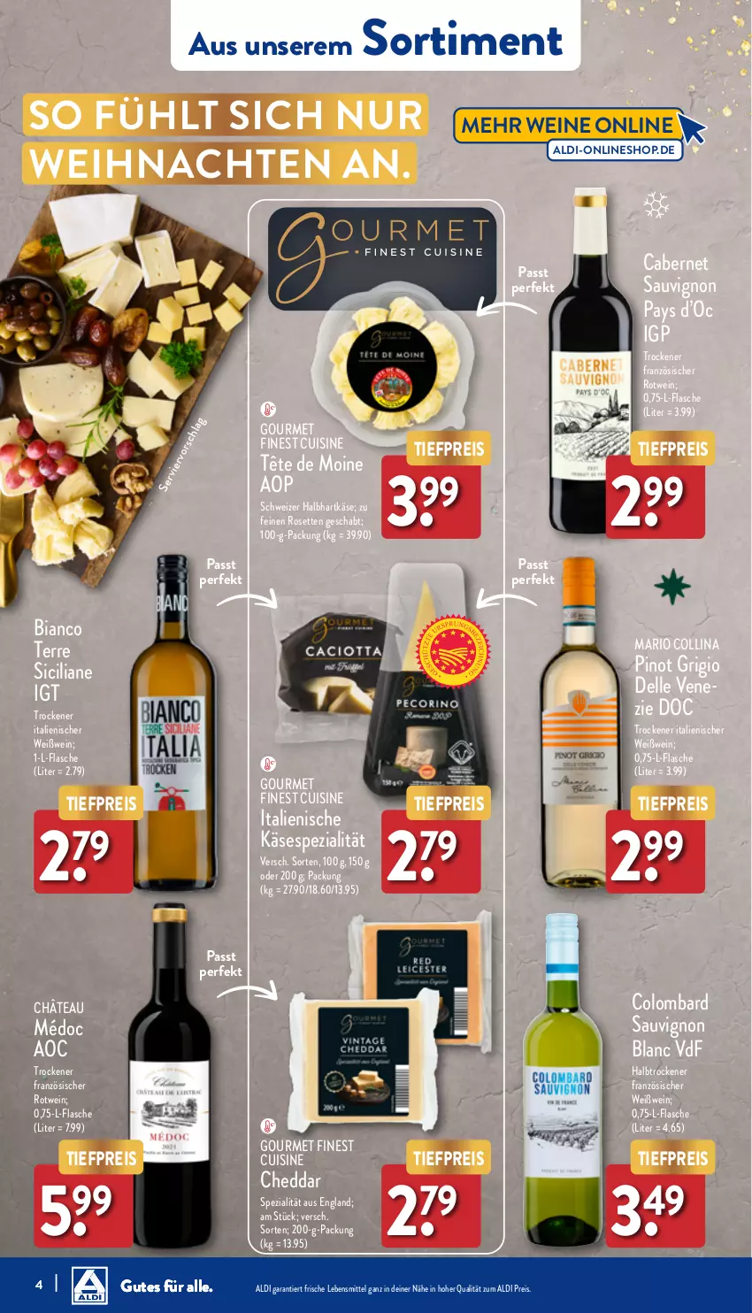 Aktueller Prospekt Aldi Nord - Von Montag - von 11.12 bis 16.12.2023 - strona 4 - produkty: aldi, cabernet, cabernet sauvignon, cheddar, dell, eis, elle, flasche, hartkäse, Käse, lebensmittel, Pinot, pinot grigio, reis, rotwein, sauvignon, sauvignon blanc, Spezi, Ti, tiefpreis, weihnachten, wein, weine, Weißwein