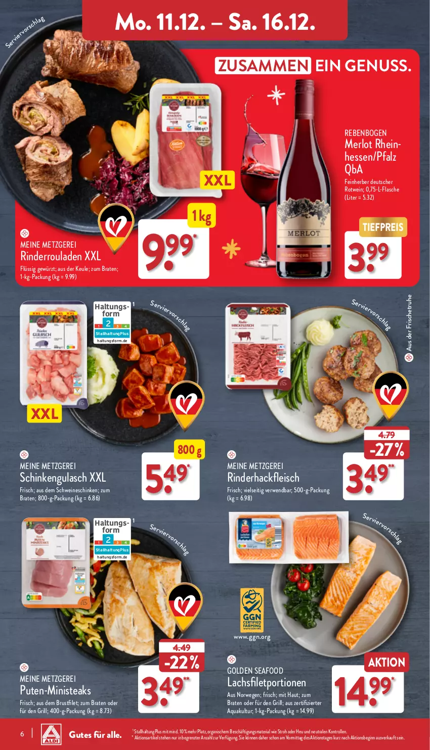 Aktueller Prospekt Aldi Nord - Von Montag - von 11.12 bis 16.12.2023 - strona 6 - produkty: aqua, braten, brustfilet, eis, filet, flasche, fleisch, gewürz, gin, grill, gulasch, hackfleisch, Heu, lachs, lachsfilet, merl, merlot, nuss, pute, reis, Ria, rind, rinder, rinderhackfleisch, Rinderroulade, rinderrouladen, rotwein, rouladen, rwe, schinken, schwein, schweine, steak, steaks, Ti, tiefpreis, wein, weine, ZTE