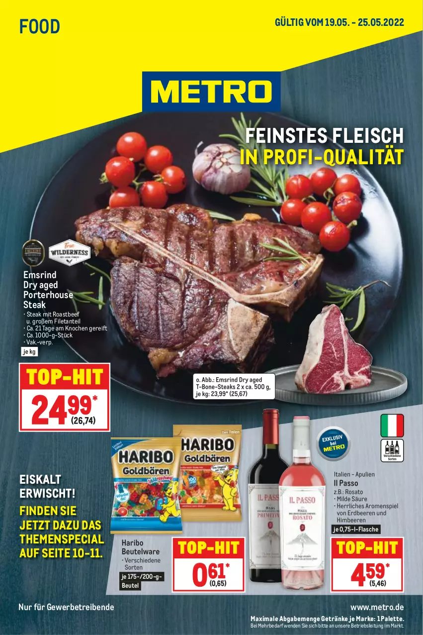 Aktueller Prospekt Metro - Food - von 19.05 bis 25.05.2022 - strona 1 - produkty: beef, beere, beeren, beutel, eis, erdbeere, erdbeeren, filet, flasche, fleisch, getränk, getränke, haribo, himbeer, himbeere, himbeeren, Metro, Palette, passo, rind, roastbeef, rosato, steak, steaks, Ti, top-hit