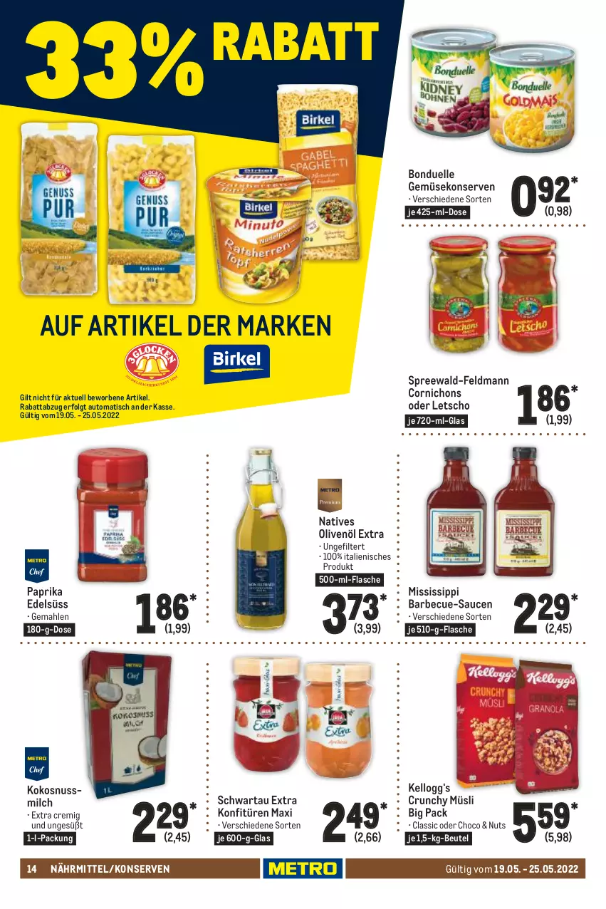 Aktueller Prospekt Metro - Food - von 19.05 bis 25.05.2022 - strona 14 - produkty: auto, barbecue, beutel, bonduelle, elle, flasche, Gemüsekonserve, Kellogg‘s, kokos, kokosnuss, Kokosnussmilch, konfitüre, konfitüren, Konserven, Letscho, LG, milch, müsli, natives olivenöl, nuss, olive, oliven, olivenöl, olivenöl extra, paprika, sauce, saucen, Schwartau, spreewald-feldmann, Ti, tisch