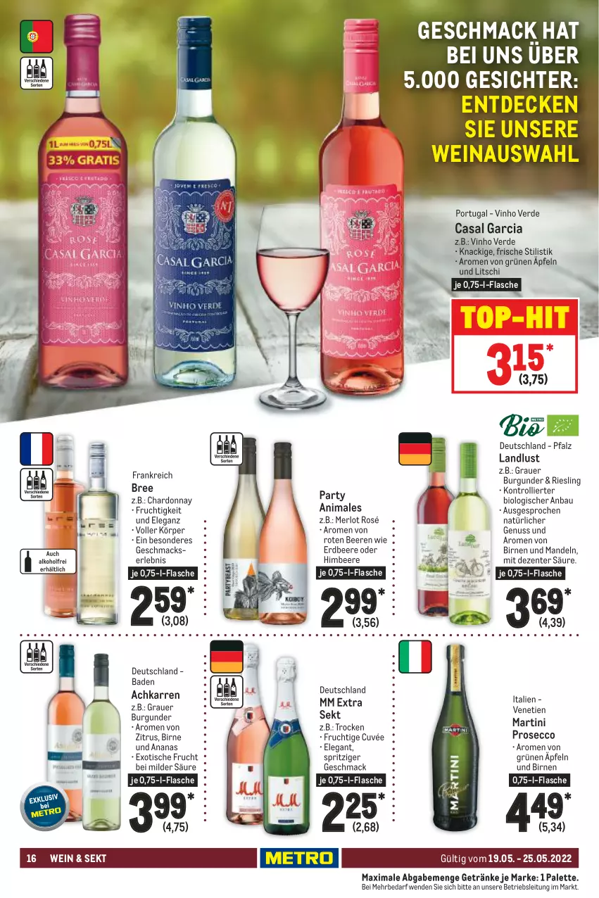 Aktueller Prospekt Metro - Food - von 19.05 bis 25.05.2022 - strona 16 - produkty: ananas, auer, Bad, Bau, beere, beeren, bio, Birnen, bree, burgunder, casal garcia, chardonnay, cuvée, decke, ecco, ente, erdbeere, erde, flasche, frucht, getränk, getränke, grauer burgunder, himbeer, himbeere, mac, mandel, mandeln, martini, merl, merlot, mm extra, nuss, Palette, prosecco, riesling, sekt, Ti, tisch, top-hit, trolli, vinho verde, wein