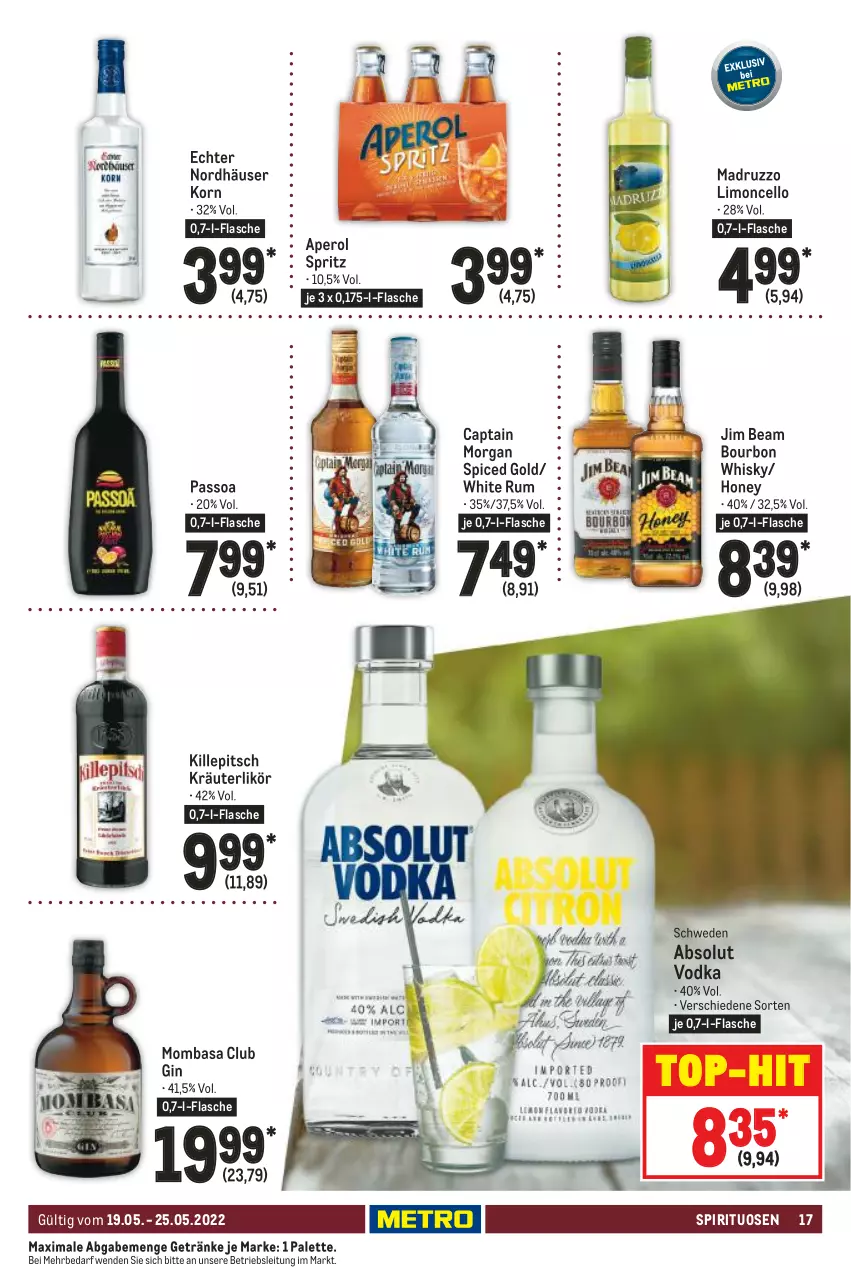 Aktueller Prospekt Metro - Food - von 19.05 bis 25.05.2022 - strona 17 - produkty: Absolut Vodka, aperol, bourbon, Cap, captain morgan, flasche, getränk, getränke, gin, jim beam, korn, kräuter, kräuterlikör, likör, limo, Palette, passo, rum, spirituosen, Ti, top-hit, vodka, whisky, white rum