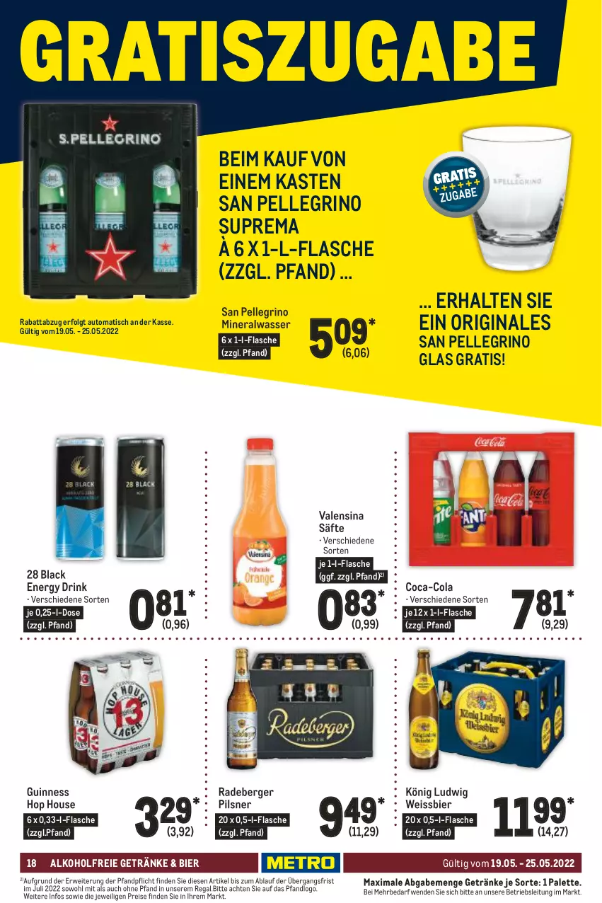 Aktueller Prospekt Metro - Food - von 19.05 bis 25.05.2022 - strona 18 - produkty: alkohol, alkoholfreie getränke, Alwa, auto, Berger, bier, coca-cola, cola, drink, eis, elle, energy drink, flasche, getränk, getränke, gin, Guinness, lack, LG, mineralwasser, Palette, pils, pilsner, radeberger, radeberger pilsner, regal, reis, rwe, säfte, san pellegrino, Ti, tisch, valensina, wasser, weissbier