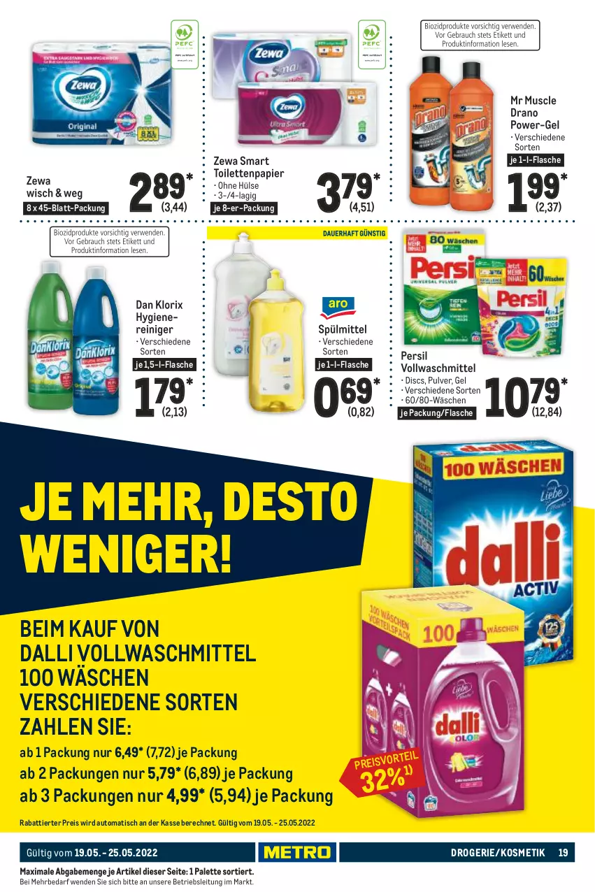 Aktueller Prospekt Metro - Food - von 19.05 bis 25.05.2022 - strona 19 - produkty: auto, dalli, eis, flasche, kosmetik, Palette, papier, persil, power-gel, reiniger, reis, spülmittel, Ti, tisch, toilettenpapier, vollwaschmittel, waschmittel, zewa