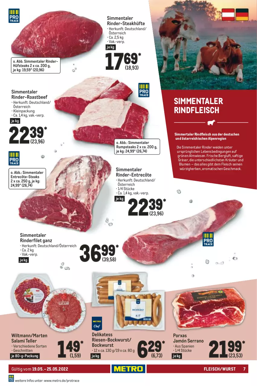 Aktueller Prospekt Metro - Food - von 19.05 bis 25.05.2022 - strona 7 - produkty: beef, blume, blumen, bockwurst, eis, elle, entrecôte, filet, fleisch, jamón serrano, kräuter, mac, Metro, rind, rinder, rinderfilet, rindfleisch, roastbeef, rum, rumpsteak, saft, salami, schnitten, serrano, sim, steak, steakhüfte, steaks, teller, Ti, tisch, wiltmann, wurst