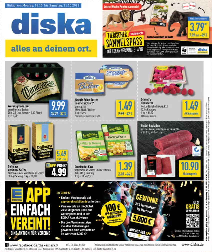 Aktueller Prospekt Diska - Prospekte - von 16.10 bis 21.10.2023 - strona 1 - produkty: aktionspreis, angebot, angebote, Becher, beere, beeren, bier, butter, dallmayr, dallmayr prodomo, deka, eis, grünländer, himbeer, himbeere, himbeeren, kaffee, Käse, Kinder, meggle, prodomo, reis, rind, rinder, rouladen, salz, Schleich, Streichzart, tee, Ti, Tiere