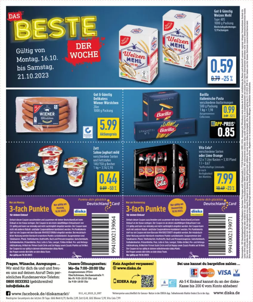 Aktueller Prospekt Diska - Prospekte - von 16.10 bis 21.10.2023 - strona 12 - produkty: angebot, angebote, aust, barilla, Becher, cola, coupon, deka, deutschlandcard, eier, eis, ente, erde, gutschein, Heu, italienische pasta, joghur, joghurt, mehl, nuss, orange, pasta, reis, Roller, sahne, sahne joghurt, tee, telefon, Ti, uhr, vita, Vita C, wiener, Yo, zott, ZTE