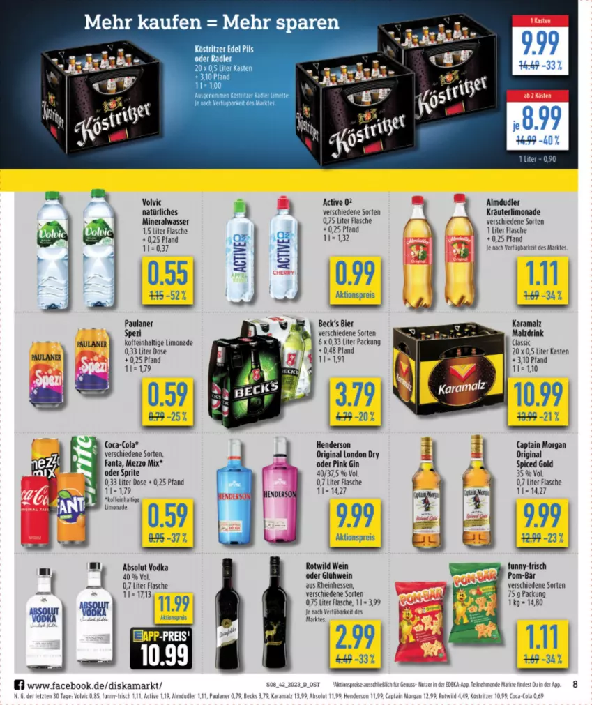 Aktueller Prospekt Diska - Prospekte - von 16.10 bis 21.10.2023 - strona 8 - produkty: Absolut Vodka, aktionspreis, almdudler, Alwa, becks, bier, Cap, captain morgan, deka, drink, eis, enders, fanta, flasche, funny-frisch, gin, Glühwein, köstritzer, kräuter, limette, limo, limonade, london dry, malz, Mett, Mezzo Mix, mineralwasser, nuss, oder sprite, Paula, paulaner, pils, pom-bär, rama, reis, Spezi, sprite, Ti, vodka, volvic, wasser, wein, Wild, ZTE