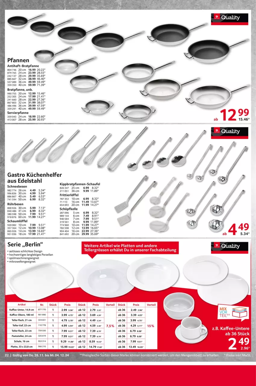 Aktueller Prospekt Selgros - Non Food - von 28.11 bis 04.12.2024 - strona 22 - produkty: Abtei, bratpfanne, dip, edelstahl, eis, elle, erde, kaffee, Kaffee-Obere, küche, Küchen, Küchenhelfer, latte, Löffel, mikrowelle, pasta, pfanne, pfannen, reis, Schal, Schale, Schneebesen, spülmaschinen, tee, teller, Ti