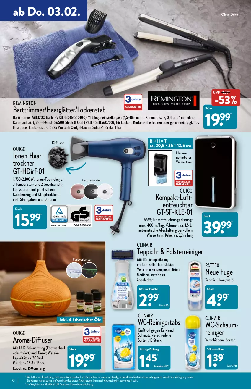 Aktueller Prospekt Aldi Nord - Aldi-Aktuell - von 31.01 bis 05.02.2022 - strona 22 - produkty: auto, beleuchtung, bürste, bürsten, Clin, decke, Diffuser, eis, erde, flasche, gin, haarglätter, haartrockner, kraft, latte, led-beleuchtung, Lockenstab, Luftentfeuchter, mit led-beleuchtung, pattex, quigg, reiniger, remington, Ria, Schal, teppich, Ti, timer, tisch, Trockner, wasser, wassertank, wc-reiniger, ZTE