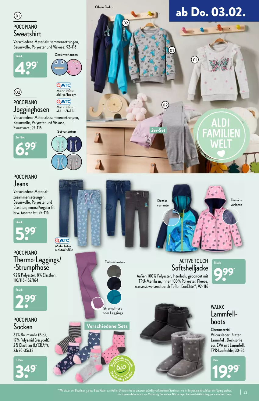 Aktueller Prospekt Aldi Nord - Aldi-Aktuell - von 31.01 bis 05.02.2022 - strona 23 - produkty: active touch, aldi, Bau, baumwolle, bio, decksohle, eis, gin, hose, hosen, Jacke, jeans, Jogginghose, Jogginghosen, lamm, Lammfell, leggings, pocopiano, Ria, rum, shirt, socken, Strumpfhose, Sweatshirt, Ti, walkx, wasser, wolle, ZTE