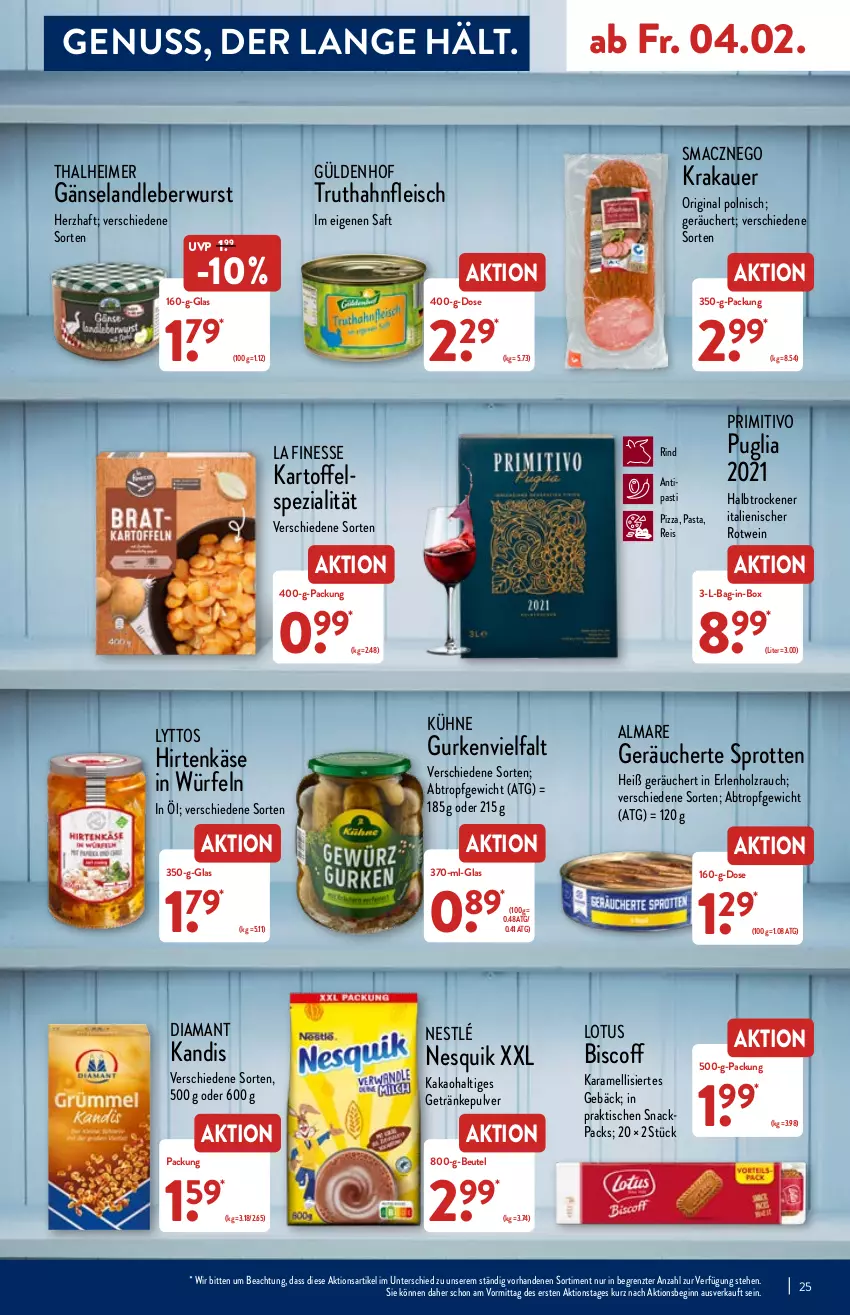 Aktueller Prospekt Aldi Nord - Aldi-Aktuell - von 31.01 bis 05.02.2022 - strona 25 - produkty: almare, asti, auer, bag-in-box, beutel, biscoff, eimer, eis, Elan, finesse, fleisch, getränk, getränke, getränkepulver, gin, gurke, gurken, hirtenkäse, Holz, kakao, karamell, kartoffel, Käse, krakauer, Kühne, landleberwurst, leberwurst, mac, nesquik, nestlé, nuss, pasta, pizza, primitivo, Rauch, reis, rind, rotwein, saft, snack, Spezi, Sprotten, Ti, tisch, truthahn, wein, würfel, wurst, ZTE