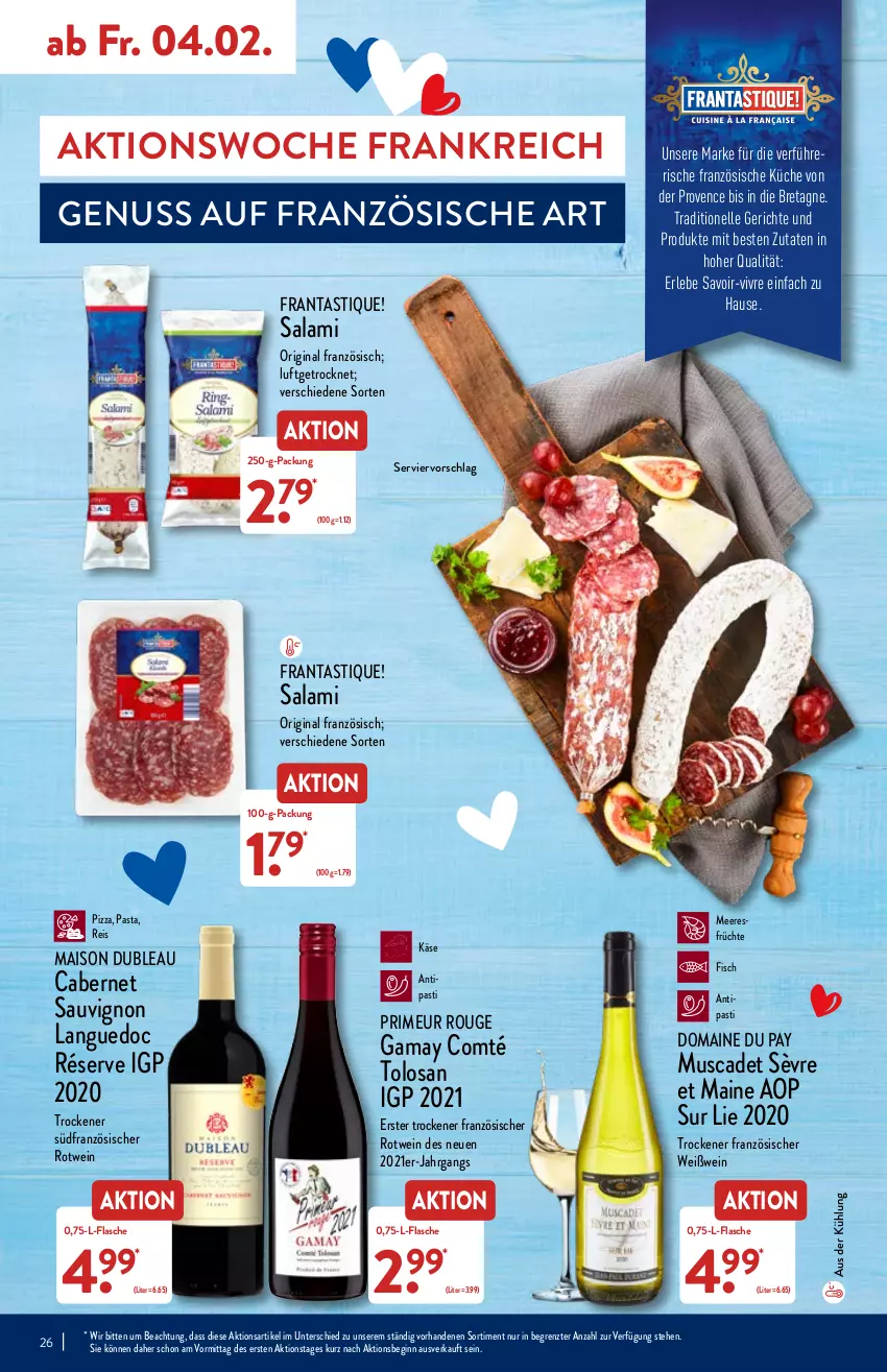 Aktueller Prospekt Aldi Nord - Aldi-Aktuell - von 31.01 bis 05.02.2022 - strona 26 - produkty: asti, cabernet, cabernet sauvignon, comté, eis, elle, fisch, flasche, früchte, gin, Käse, küche, mais, meeresfrüchte, nuss, pasta, pizza, reis, rotwein, rouge, salami, sauvignon, Ti, wein, Weißwein, ZTE