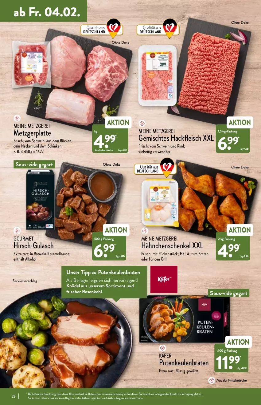 Aktueller Prospekt Aldi Nord - Aldi-Aktuell - von 31.01 bis 05.02.2022 - strona 28 - produkty: alkohol, braten, eis, fleisch, gewürz, gin, grill, gulasch, hackfleisch, hähnchenschenkel, henkel, ilag, käfer, karamell, Knödel, latte, pute, rind, rosen, Rosenkohl, rotwein, rwe, sauce, schenkel, schinken, schwein, schwein und rind, Ti, vom schwein und rind, wein, ZTE