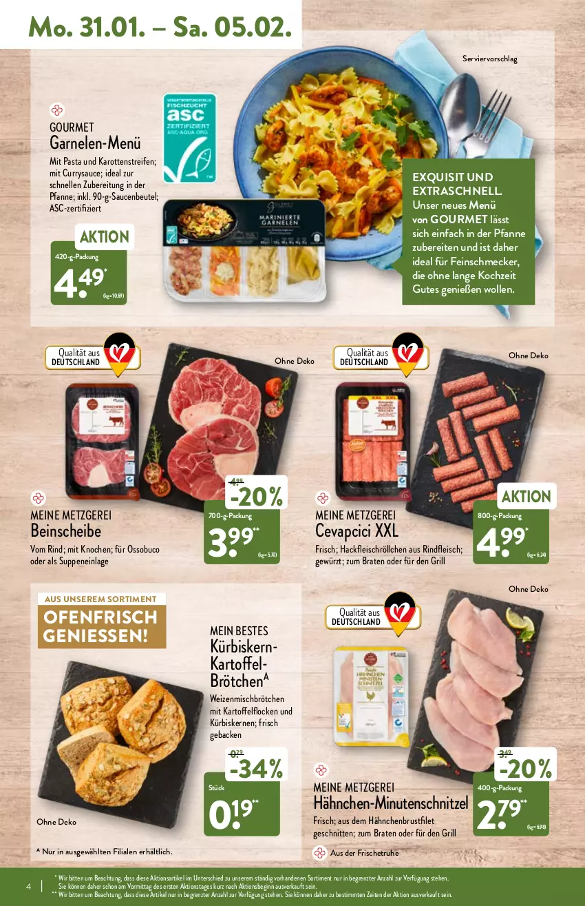 Aktueller Prospekt Aldi Nord - Aldi-Aktuell - von 31.01 bis 05.02.2022 - strona 4 - produkty: beutel, braten, brötchen, brustfilet, cevapcici, curry, eis, elle, feinschmecker, filet, fleisch, garnelen, geback, gewürz, gin, grill, hackfleisch, hähnchenbrust, hähnchenbrustfilet, karotten, kartoffel, Kürbis, kürbiskerne, minutenschnitzel, Ofen, pasta, pfanne, reifen, rind, rindfleisch, sauce, saucen, schnitten, schnitzel, suppe, suppen, Ti, wolle, ZTE