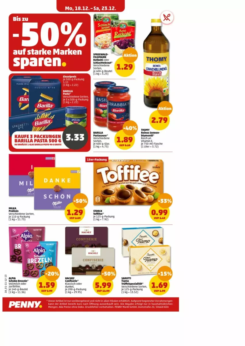 Aktueller Prospekt Penny - Prospekte - von 18.12 bis 23.12.2023 - strona 18 - produkty: barilla, beutel, blume, blumen, blumenöl, flasche, milch, milka, pasta, sauce, schoko, Spezi, thomy, toffifee, Trüffel, vita, vollmilch