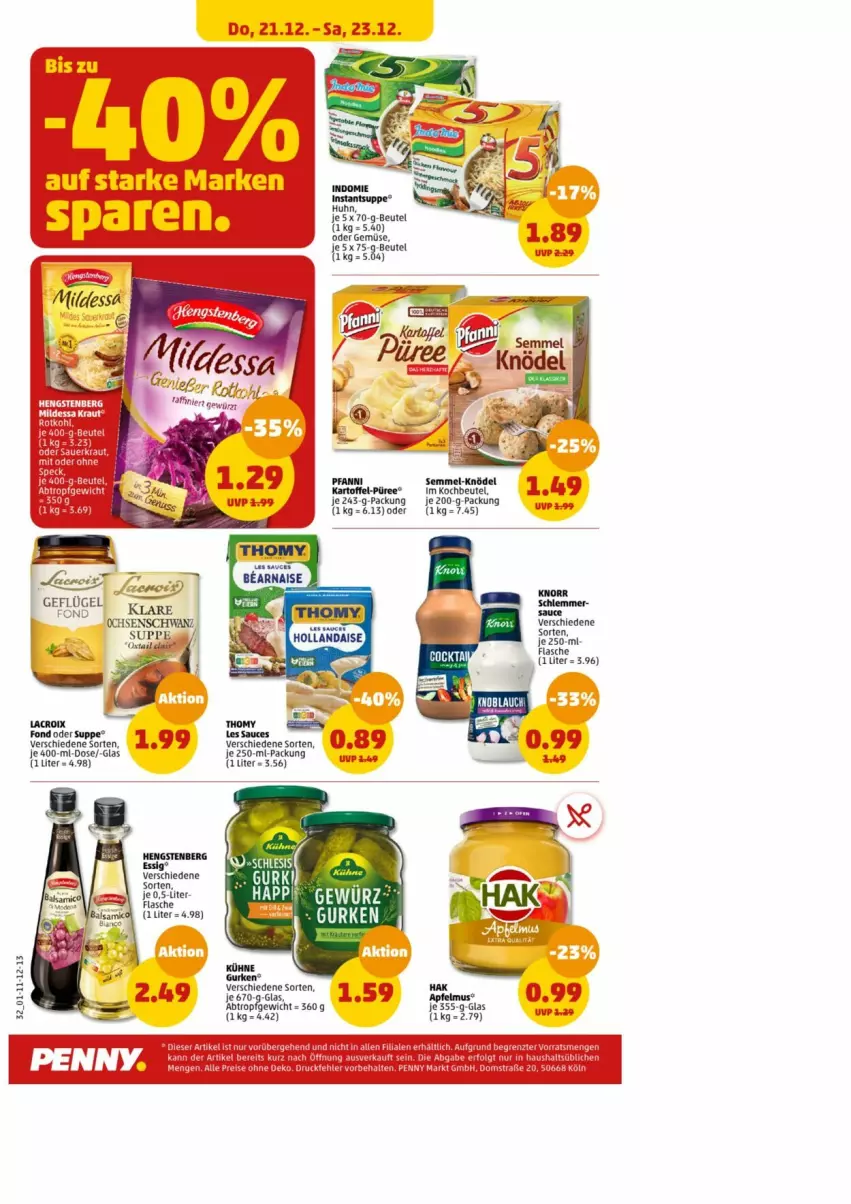 Aktueller Prospekt Penny - Prospekte - von 18.12 bis 23.12.2023 - strona 34 - produkty: beutel, Geflügel, gurke, gurken, hengstenberg, hollandaise, Kaiser, kartoffel, Knödel, kochbeutel, Kraut, Kühne, pfanni, püree, Semmel