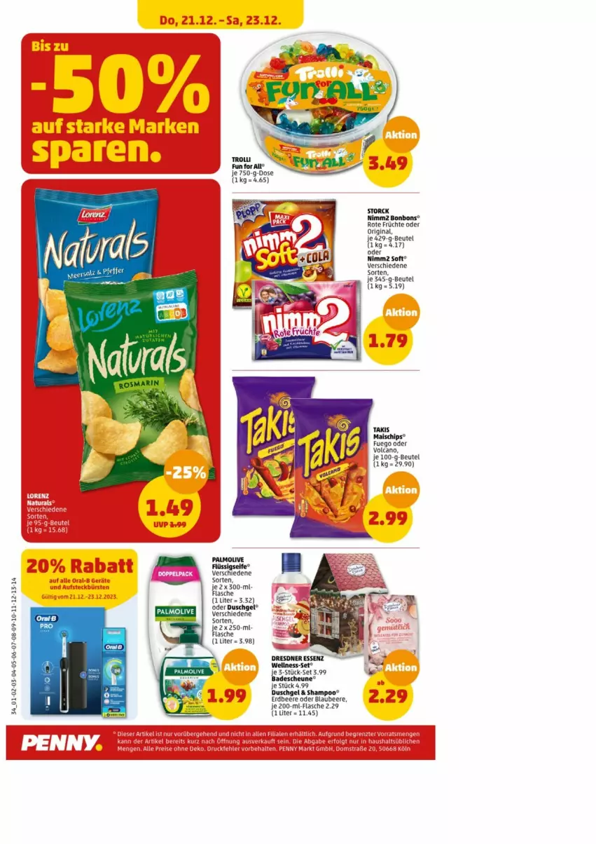 Aktueller Prospekt Penny - Prospekte - von 18.12 bis 23.12.2023 - strona 36 - produkty: Bad, beere, beutel, Blaubeer, blaubeere, bonbons, chips, duschgel, erdbeere, flasche, flüssigseife, früchte, Heu, mais, olive, palmolive, Seife, shampoo, storck