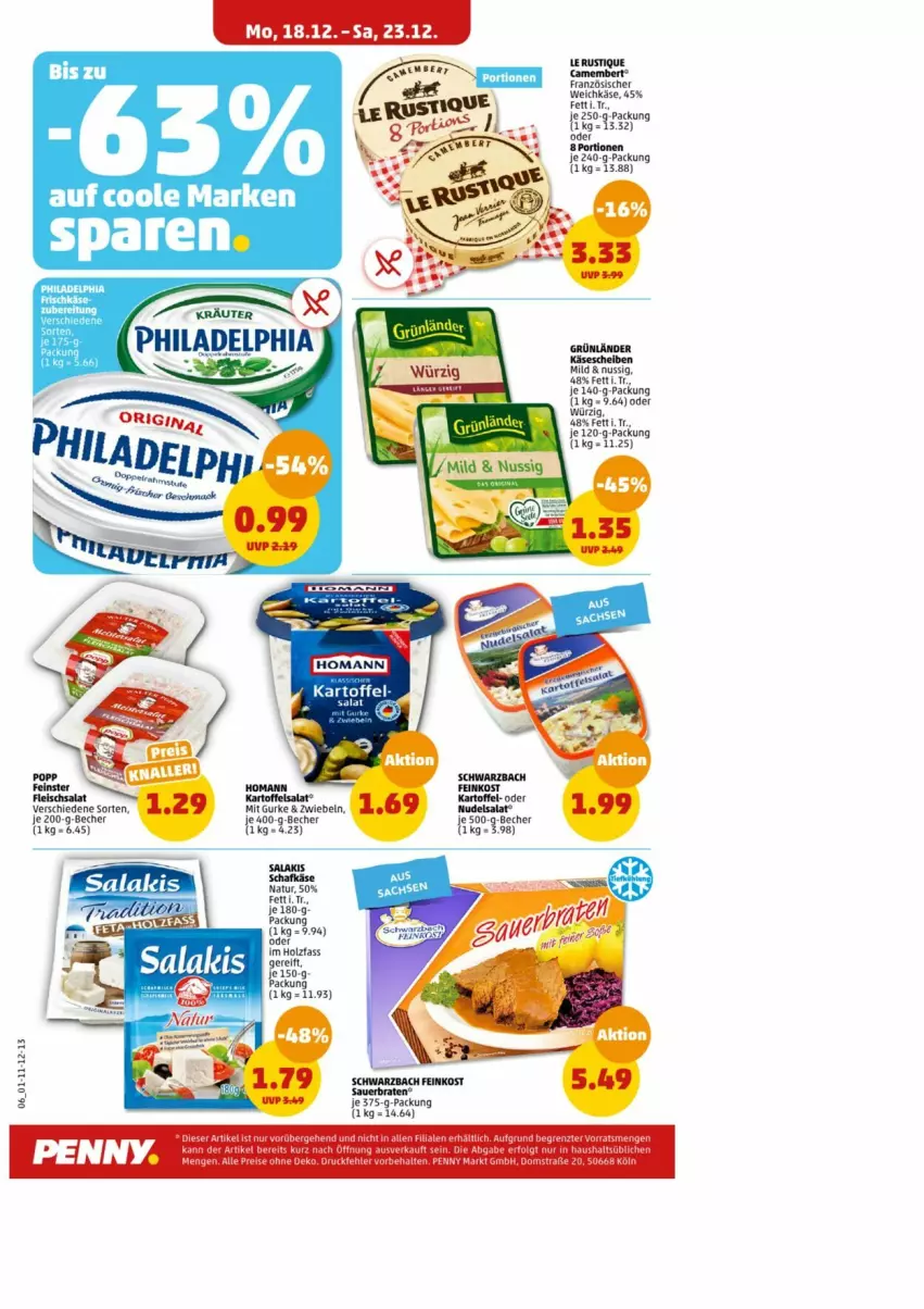 Aktueller Prospekt Penny - Prospekte - von 18.12 bis 23.12.2023 - strona 6 - produkty: auer, Becher, braten, camembert, eis, feinkost, fleisch, fleischsalat, grünländer, gurke, Holz, kartoffel, kartoffelsalat, Käse, käsescheiben, natur, nuss, salakis, salat, schafkäse, Ti, weichkäse