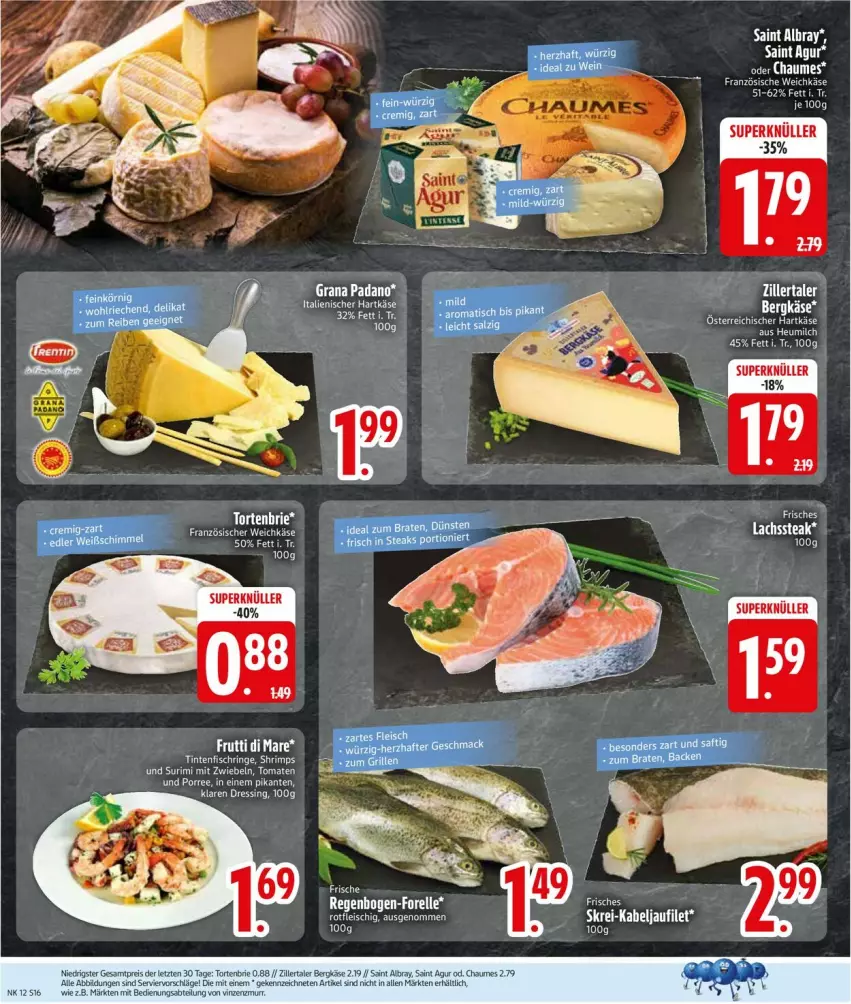 Aktueller Prospekt Edeka - Prospekte - von 16.03 bis 21.03.2026 - strona 16 - produkty: Abtei, albray, Bergkäse, brie, dressing, eier, eis, elle, forelle, französischer weichkäse, frutti di mare, grana, hartkäse, Heu, heumilch, Käse, lachs, milch, mit zwiebeln, padano, Rana, reis, rel, Saint Agur, steak, Ti, tomate, tomaten, weichkäse, ZTE, zwiebel, zwiebeln