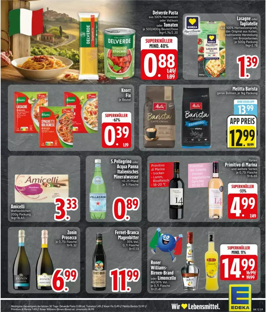Aktueller Prospekt Edeka - Prospekte - von 16.03 bis 21.03.2026 - strona 9 - produkty: Alwa, beutel, Birnen, ecco, eis, elle, erde, Fernet, flasche, gin, hartweizen, knorr, knorr fix, lasagne, melitta, mineralwasser, pasta, primitivo, prosecco, reis, tagliatelle, Ti, tomate, tomaten, wasser, ZTE