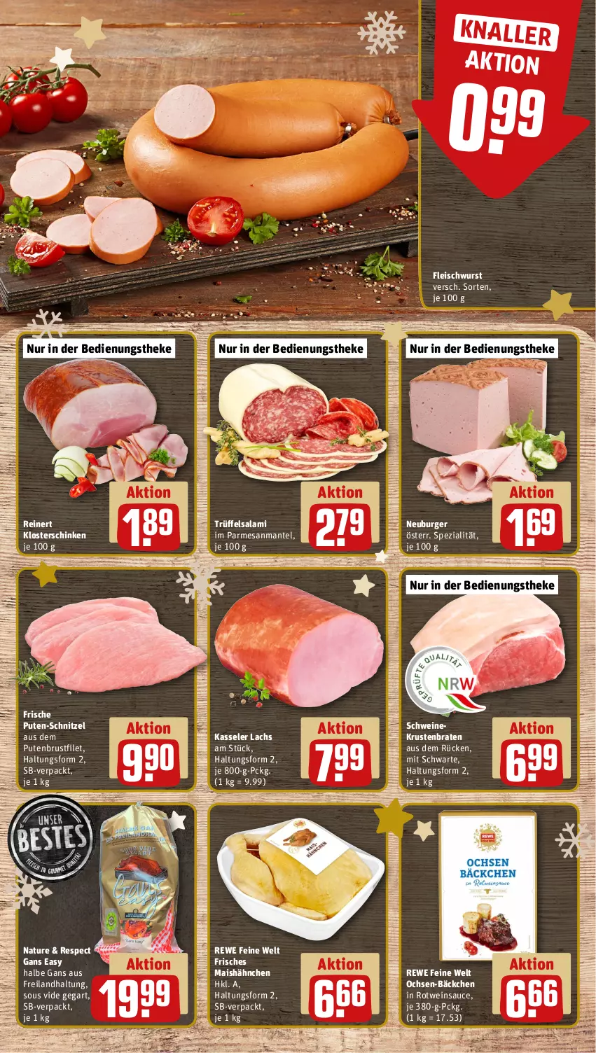 Aktueller Prospekt Rewe - Prospekte - von 11.12 bis 16.12.2023 - strona 10 - produkty: braten, brustfilet, burger, eis, filet, fleisch, fleischwurst, kasseler, krustenbraten, lachs, mais, Mantel, natur, Neuburger, pute, putenbrust, putenbrustfilet, reinert, rewe feine welt, rotwein, salami, sauce, schinken, schnitzel, schwein, schweine, Spezi, Ti, Trüffel, wein, weine, wurst