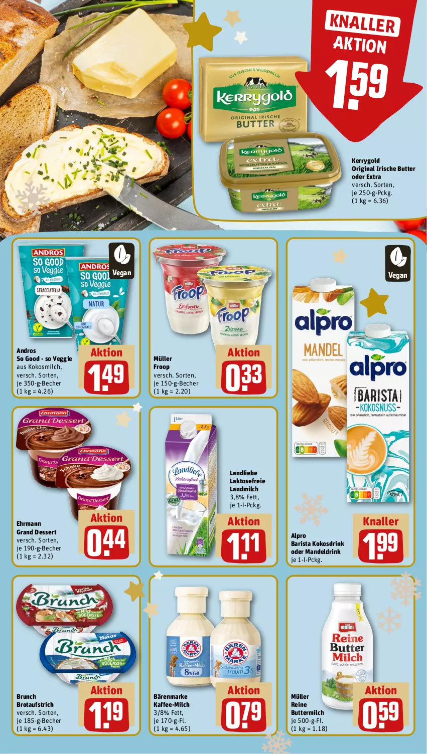 Aktueller Prospekt Rewe - Prospekte - von 11.12 bis 16.12.2023 - strona 12 - produkty: alpro, aufstrich, bärenmarke, Becher, brot, brotaufstrich, butter, buttermilch, dessert, drink, ehrmann, Ehrmann Grand Dessert, froop, gin, irische butter, kaffee, kerrygold, kokos, kokosmilch, landliebe, landmilch, mandel, Mandeldrink, milch, Müller, müller froop, reine buttermilch, Ti, veggie