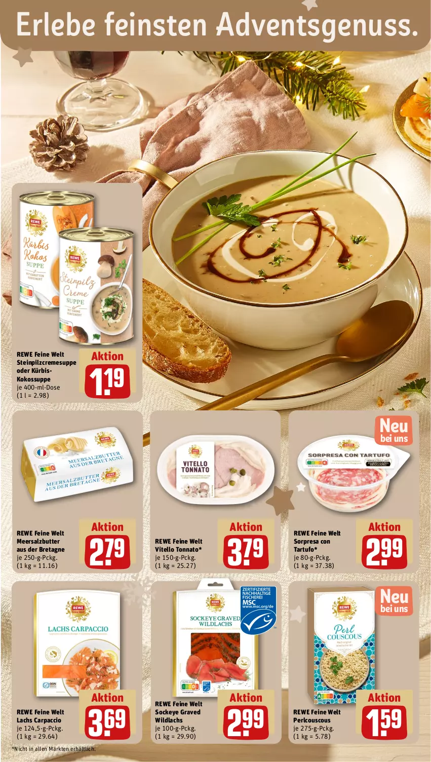 Aktueller Prospekt Rewe - Prospekte - von 11.12 bis 16.12.2023 - strona 18 - produkty: ACC, butter, Carpaccio, couscous, creme, cremesuppe, kokos, Kürbis, lachs, meersalz, Meersalzbutter, nuss, resa, rewe feine welt, salz, suppe, Tartufo, Ti, Vitello Tonnato, Wild, wildlachs