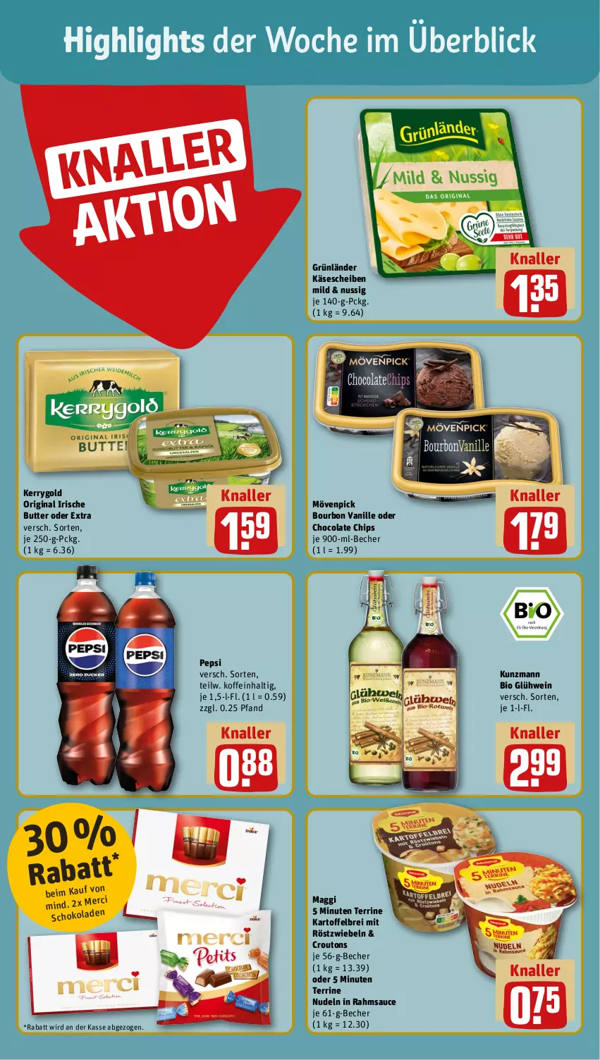 Aktueller Prospekt Rewe - Prospekte - von 11.12 bis 16.12.2023 - strona 2 - produkty: Becher, bio, bourbon, bourbon vanille, Brei, butter, chips, cola, croutons, gin, Glühwein, grünländer, irische butter, kartoffel, kartoffelbrei, Käse, käsescheiben, kerrygold, maggi, mit röstzwiebeln, mövenpick, nudel, nudeln, nuss, pepsi, röstzwiebeln, sauce, terrine, Ti, vanille, wein, zwiebel, zwiebeln